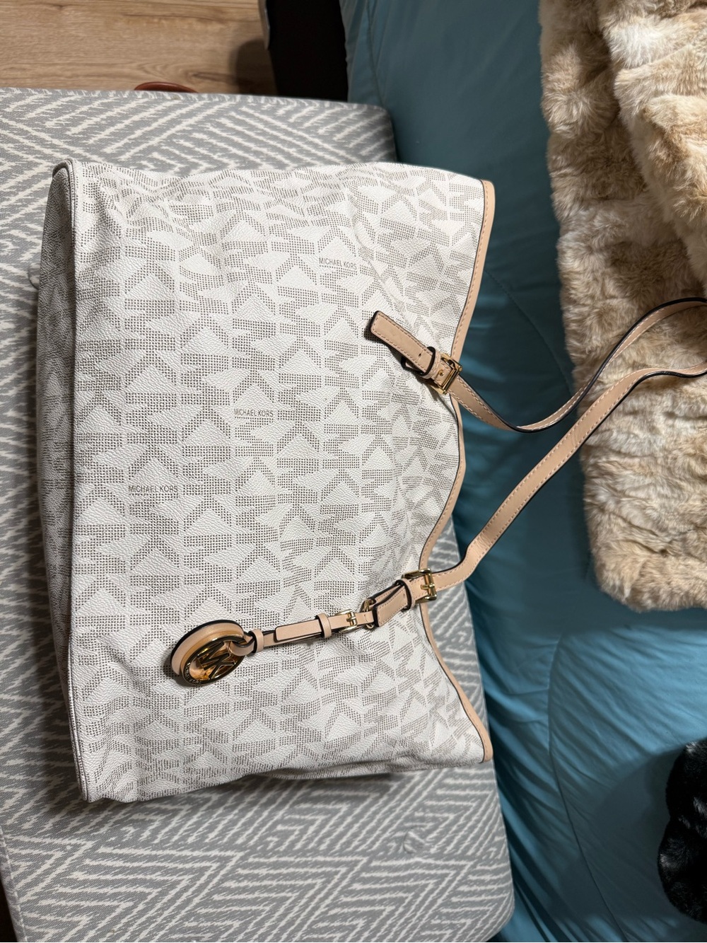 Michael Kors White Logo Tote with Tan Trim and Gold Hardware Accent